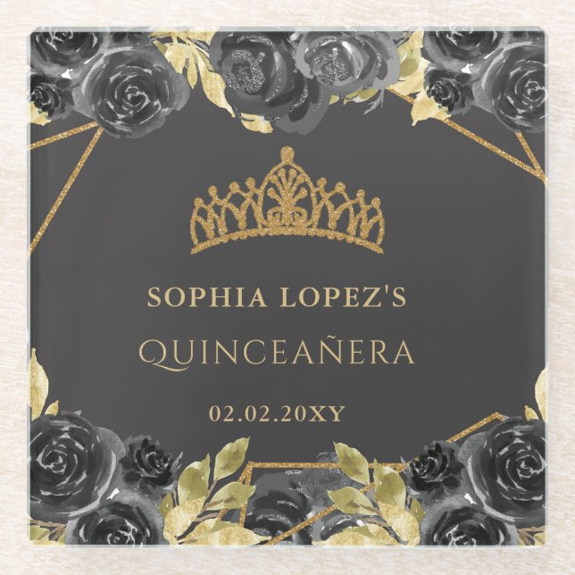 Elegant Black Gold Floral Tiara Quinceanera Glasuntersetzer (Vorderseite)
