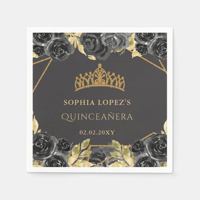 Elegant Black Gold Floral Tiara Quinceanera Serviette (Vorderseite)