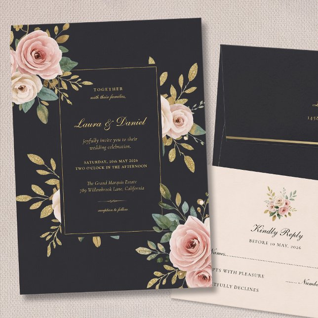Elegant Black & Gold Floral Wedding Invitation (Créateur téléchargé)