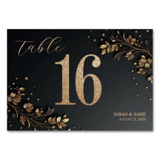 Elegant Black Gold Floral Wedding Table Card Tischnummer