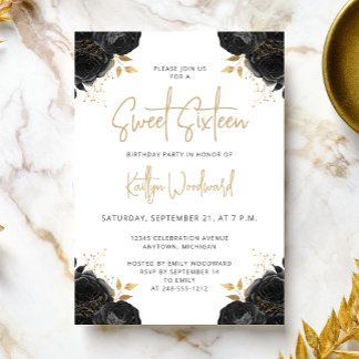 Elegant Black Gold Floral White Sweet 16 Party Einladung