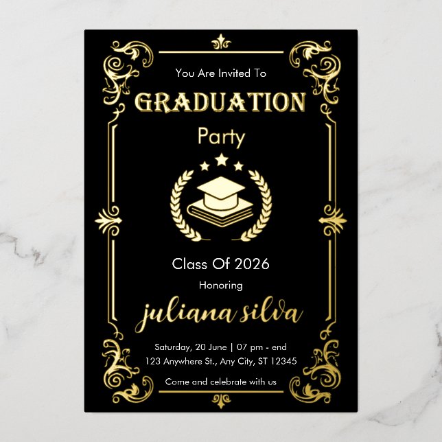Elegant Black & Gold Foil Graduation Invitation Folieneinladung (Vorderseite)