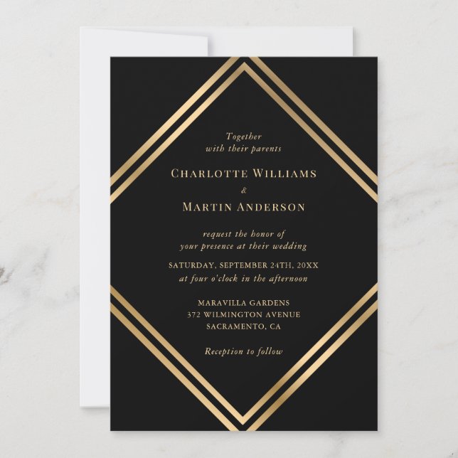 Elegant Black Gold Geometric Wedding Einladung (Vorderseite)