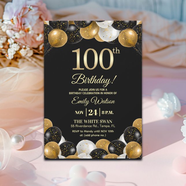 Elegant Black Gold Glitter 100th Birthday  Einladung (Von Creator hochgeladen)