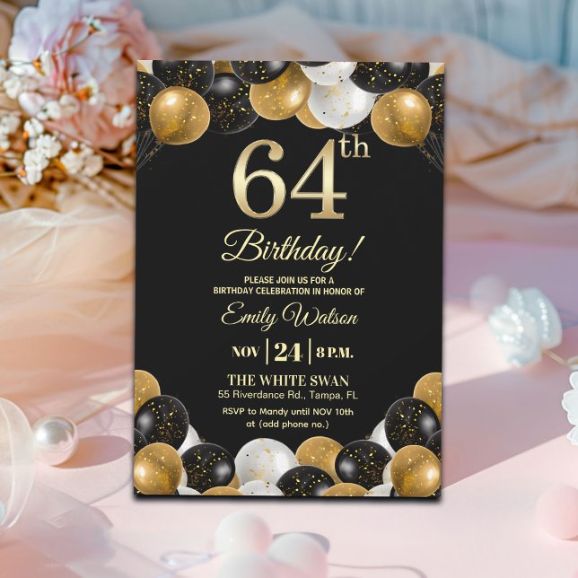 Elegant Black Gold Glitter 64th Birthday Party Einladung (Von Creator hochgeladen)