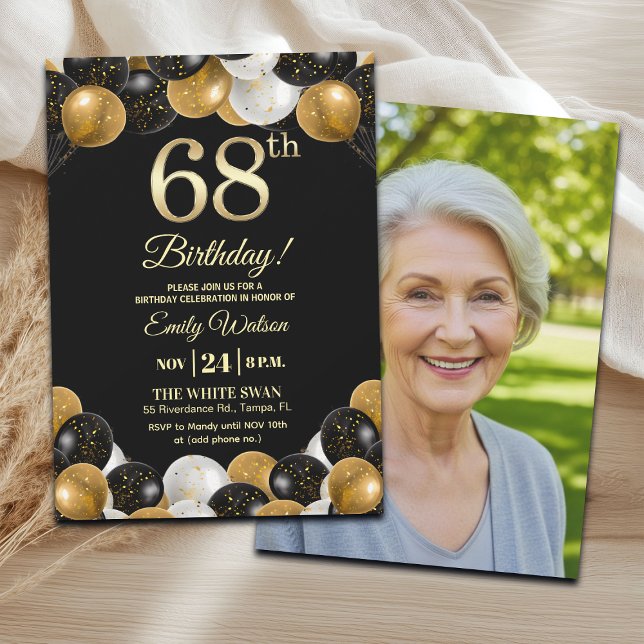 Elegant Black Gold Glitter 68th Birthday Photo Einladung (Von Creator hochgeladen)