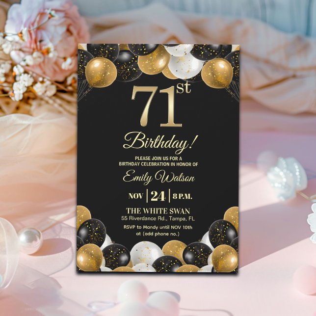 Elegant Black Gold Glitter 71st Birthday Party Einladung (Von Creator hochgeladen)