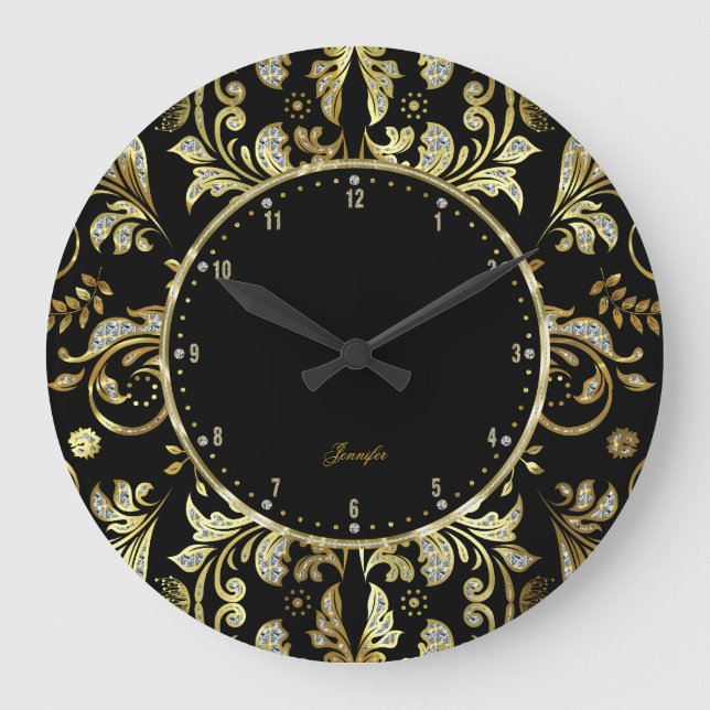Elegant Black & Gold Glitter Floral Damasks 2 Große Wanduhr (Vorderseite)