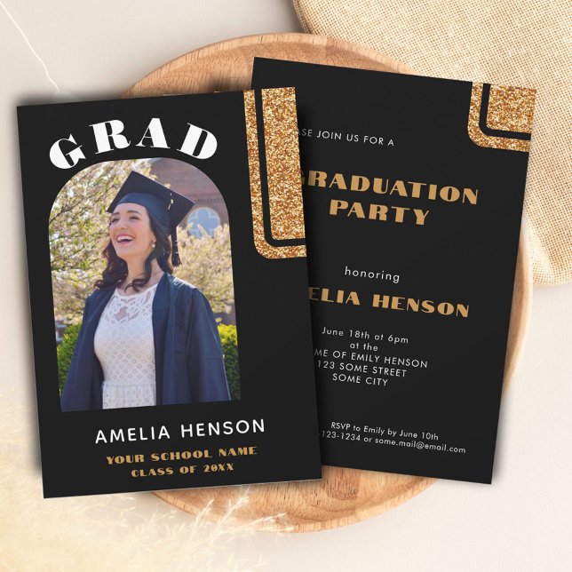 Elegant Black Gold Glitter Grad Photo Graduation Einladung (Von Creator hochgeladen)