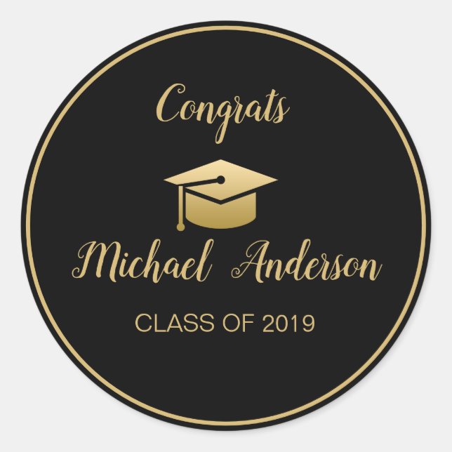 Elegant Black | Gold Graduate Cap Abschluss Class Runder Aufkleber (Vorderseite)