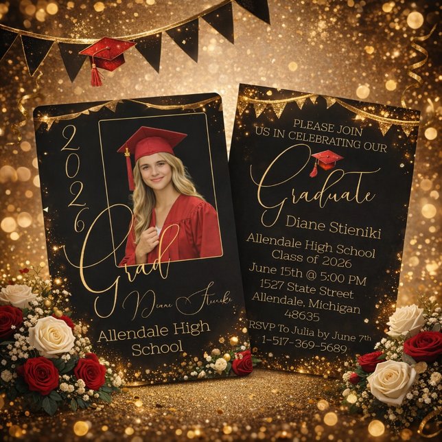 Elegant Black & Gold Graduation Invitation  (Créateur téléchargé)