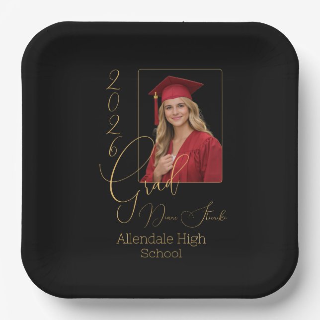 Elegant Black & Gold Graduation Pappteller (Vorderseite)