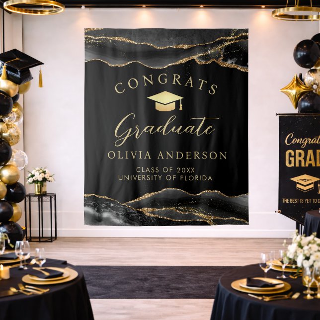 Elegant Black & Gold Graduation Party Backdrop Wandteppich (Modern black and Gold Agate marble congrats graduate backdrop)