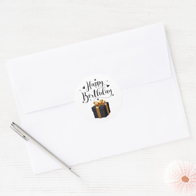 Elegant Black & Gold Happy Birthday Runder Aufkleber (Umschlag)