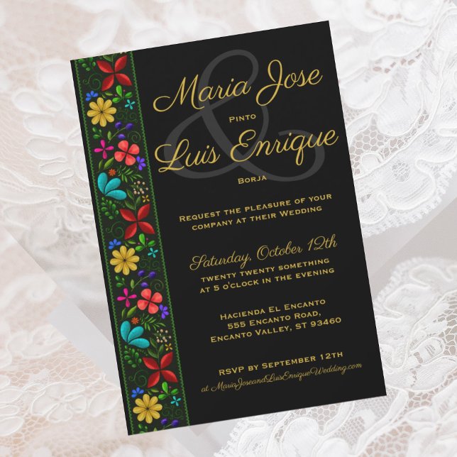 Elegant Black Gold Latin Folk Floral Wedding Einladung (Von Creator hochgeladen)
