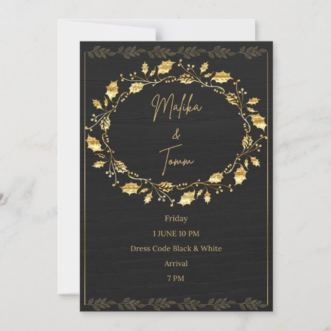 Elegant Black & Gold Leaf Wedding Invitation (Recto)