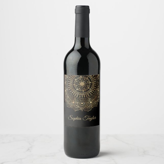 Elegant Black Gold Mandala Floral Design Weinetikett (Vorderseite)