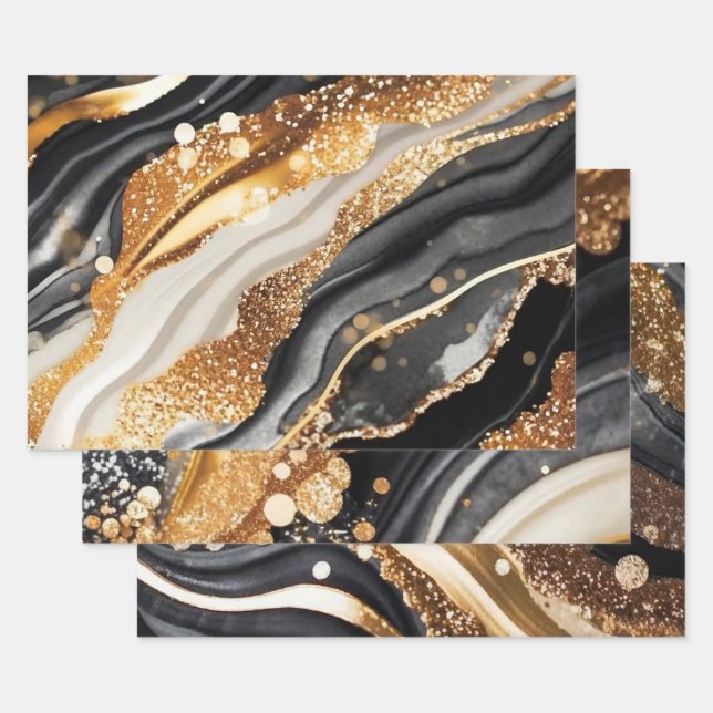 Elegant Black Gold Marble Glitter Abstract Art Geschenkpapier Set (Set)