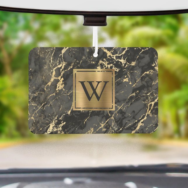 Elegant Black Gold Marble Monogram Autolufterfrischer (Von Creator hochgeladen)