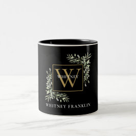 Elegant Black Gold Monogram Eukalyptus Greenery Zweifarbige Tasse