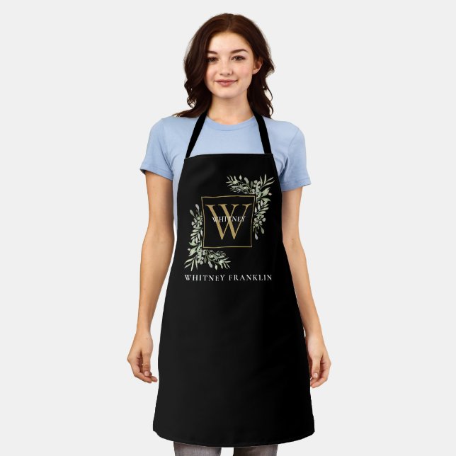 Elegant Black Gold Monogram Greenery Eukalyptus Schürze (Getragen)