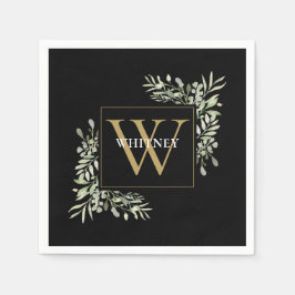 Elegant Black Gold Monogram Greenery Floral Serviette