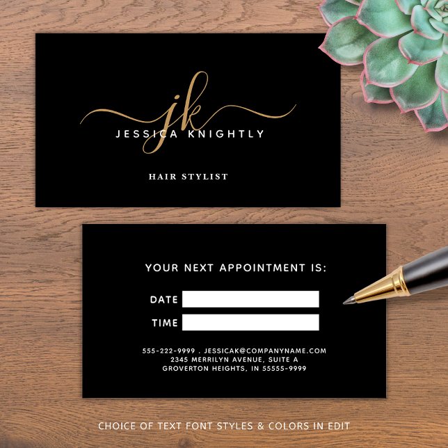 Elegant Black Gold Monogram Script Appointment Terminkarte (Von Creator hochgeladen)