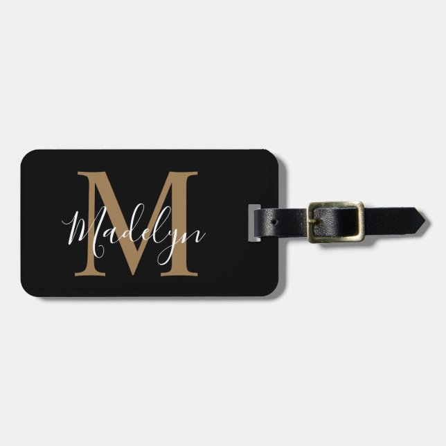 Elegant Black & Gold Monogram | Script Name  Gepäckanhänger (Vorderseite horizontal)