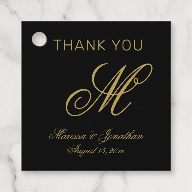 Elegant Black Gold Monogram Wedding Vielen Dank Geschenkanhänger (Vorderseite)