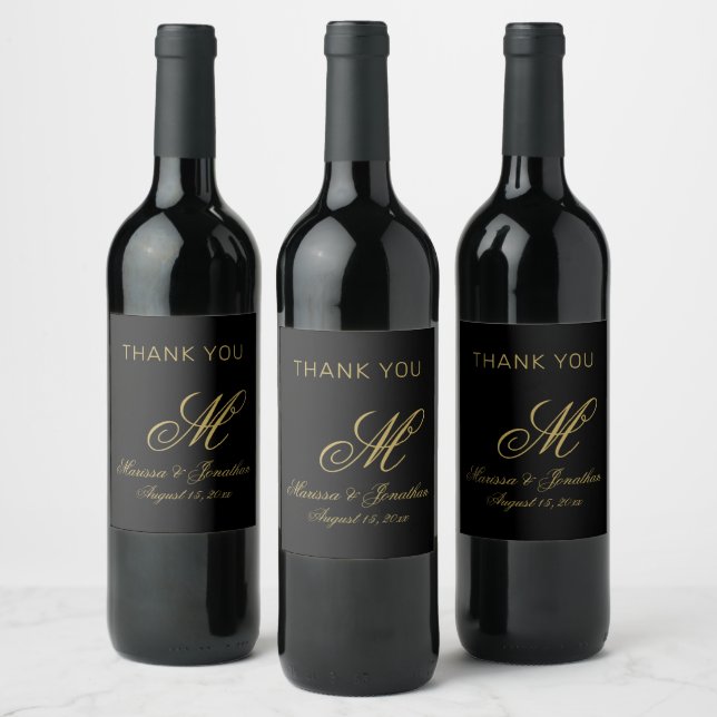 Elegant Black Gold Monogram Wedding Vielen Dank Weinetikett (Flaschen)