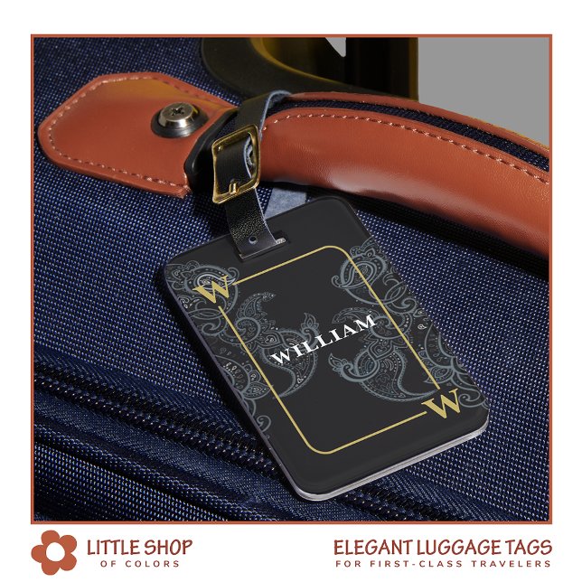 Elegant Black Gold Paisley Monogram Gepäckanhänger (Von Creator hochgeladen)