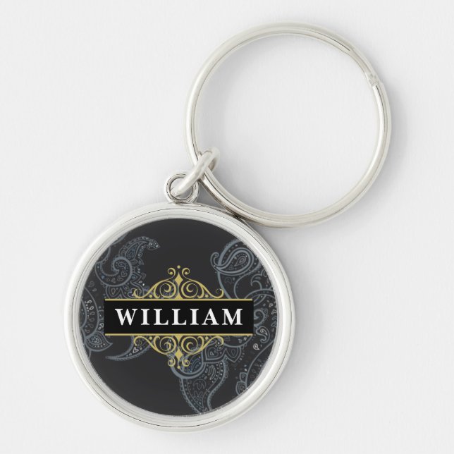 Elegant Black Gold Paisley Monogram Name Schlüsselanhänger (Vorne)