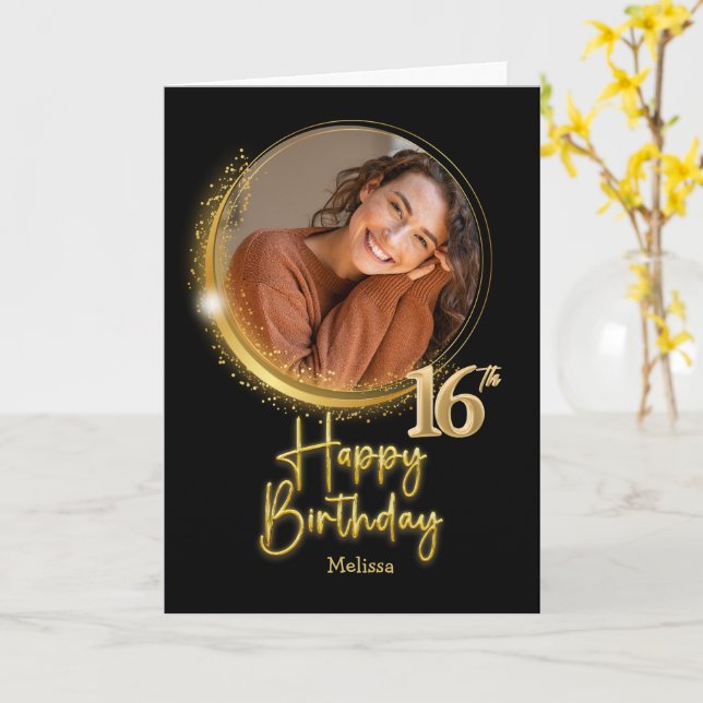 Elegant Black & Gold Photo Name 16th Birthday Karte (Gelbe Blume)