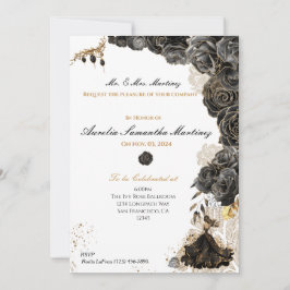 Elégant Black & Gold Quinceañera Floral Invitation