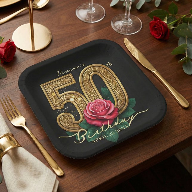 Elegant Black Gold Red Rose Floral 50th Birthday Pappteller (Von Creator hochgeladen)