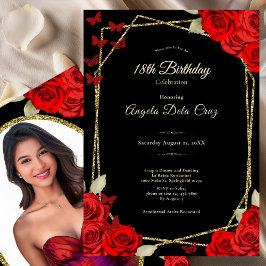 Elegant Black Gold Red Roses 18th Birthday Debut Einladung