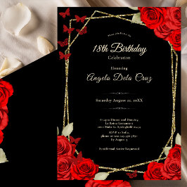 Elegant Black Gold Red Roses 18th Birthday Debut Einladung