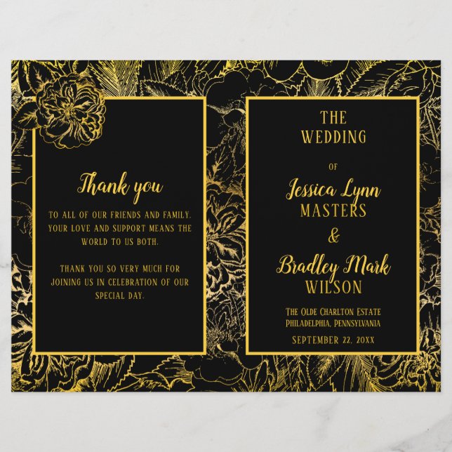 Elegant Black | Gold Rose Floral Wedding Program (Vorderseite)