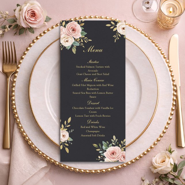 Elegant Black & Gold Roses Wedding Flat Menu (Créateur téléchargé)