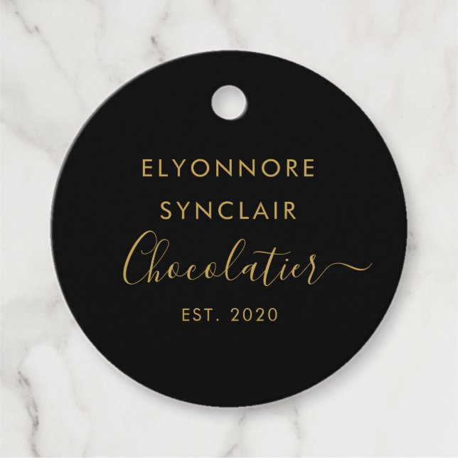 Elegant Black Gold Script Chocolatier Qr Code Geschenkanhänger (Vorderseite)