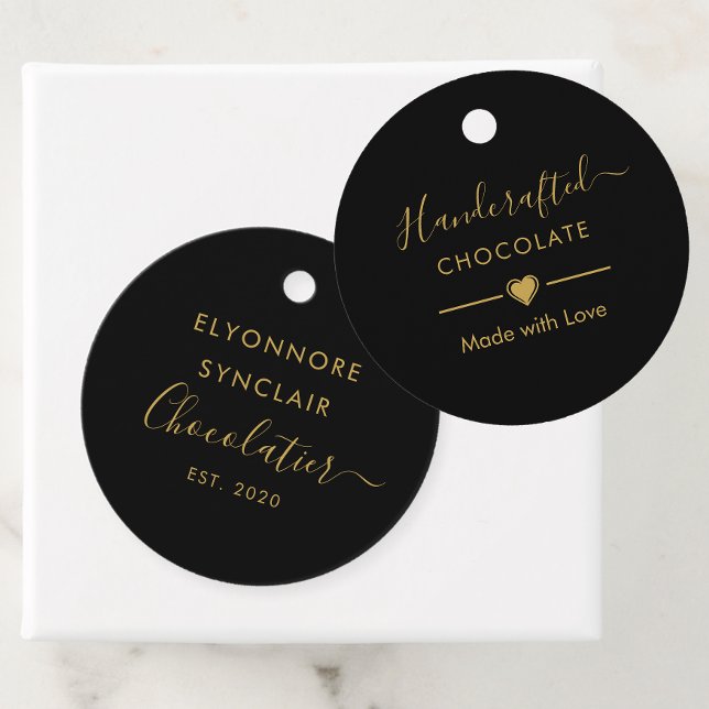 Elegant Black Gold Script Chocolatier Qr Code Geschenkanhänger (Von Creator hochgeladen)