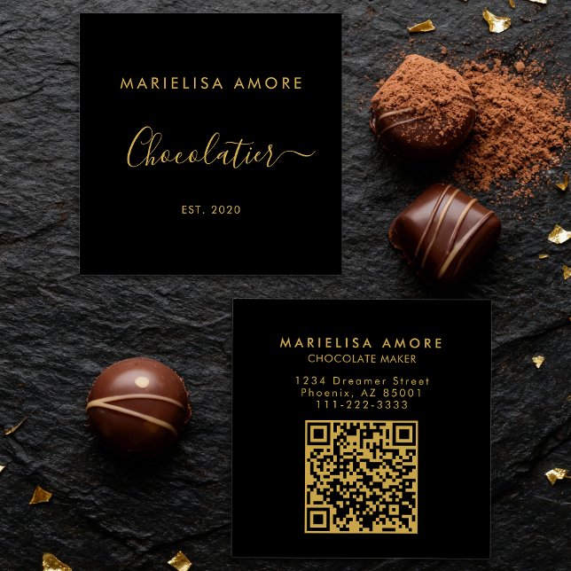 Elegant Black Gold Script Chocolatier Qr Code Quadratische Visitenkarte (Von Creator hochgeladen)