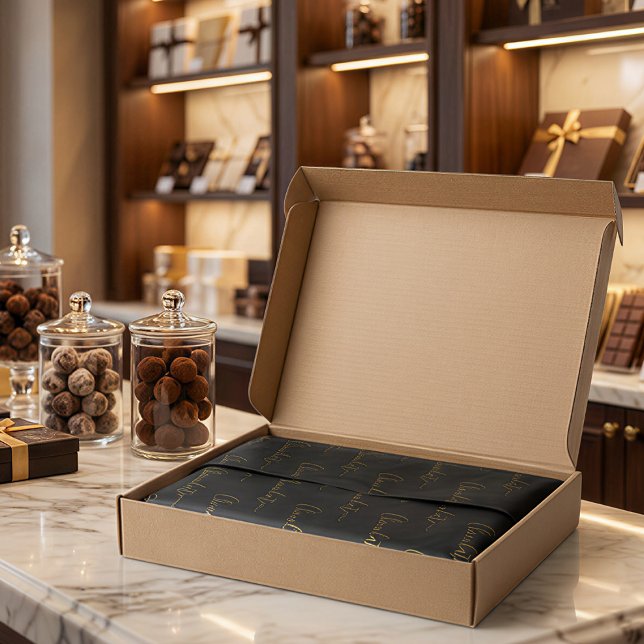 Elegant Black Gold Script Chocolatier Qr Code Seidenpapier (Von Creator hochgeladen)