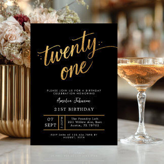 Elegant Black & Gold Script Eighteen 21st Birthday Einladung