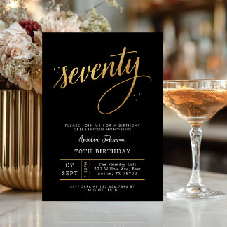 Elegant Black & Gold Script Seventy 70th Birthday  Einladung
