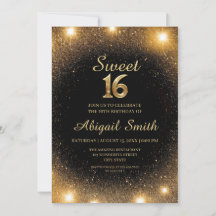 Elegant Black & Gold Sparkle Sweet 16 Einladung