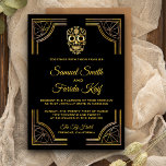 Elegant Black Gold Sugar Skull Wedding Invitation Einladung<br><div class="desc">Amaze your guests with this Calavera theme wedding invitation featuring an elegant gold ornate border and beautiful gold skull against a black background. Simply add your event details on this easy-to-use template to make it a one-of-a-kind invitation. Flip the card over to reveal a beautiful gold triangles pattern on the...</div>