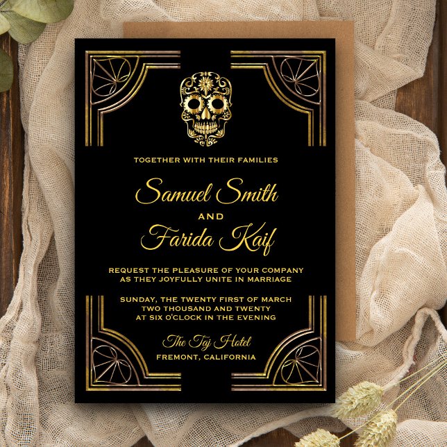 Elegant Black Gold Sugar Skull Wedding Invitation Einladung (Von Creator hochgeladen)