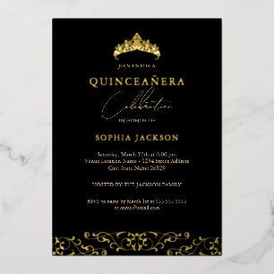 Elegant Black Gold Tiara Script Quinceanera Folieneinladung
