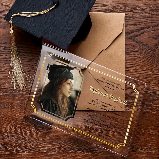 Elegant Black | Gold Uni Univ Graduation Party Acryleinladungen (Elegant Black and Gold Tone College or University Photo Graduation Acrylic Announcement | Invitation)